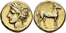CARTHAGE. Circa 290-270 BC. Stater (Electrum, 19 mm, 7.51 g, 12 h). Head of Tanit to left, wearing wreath of grain ears, triple-pendant earring and el...
