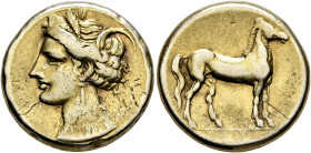 CARTHAGE. Circa 290-270 BC. Stater (Electrum, 19 mm, 7.46 g, 12 h). Head of Tanit to left, wearing wreath of grain ears, triple-pendant earring and el...