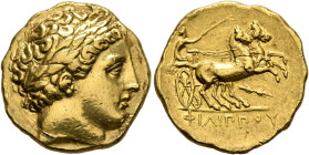 KINGS OF MACEDON. Philip II, 359-336 BC. Stater (Gold, 18 mm, 8.57 g, 10 h), Pella, struck under Philip II or Alexander III, circa 340/36-328. Laureat...