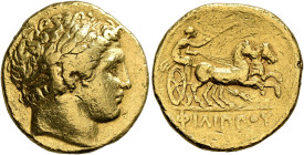 KINGS OF MACEDON. Philip II, 359-336 BC. Stater (Gold, 19 mm, 8.57 g, 11 h), Pella, struck under Philip II or Alexander III, circa 340/36-328. Laureat...