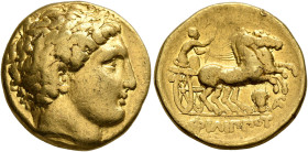 KINGS OF MACEDON. Philip II, 359-336 BC. Stater (Gold, 18 mm, 8.50 g, 9 h), Lampsakos, struck under Leonnatos, Arrhidaios, or Antigonos I Monophthalmo...