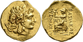 KINGS OF PONTOS. Mithradates VI Eupator, circa 120-63 BC. Stater (Gold, 21 mm, 8.30 g, 1 h), First Mithradatic War issue, in the name and types of Lys...