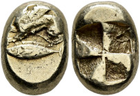MYSIA. Kyzikos. Circa 550-450 BC. Hekte (Electrum, 11 mm, 2.70 g). Sphinx to left, raising its right forepaw; below, tunny to left. Rev. Quadripartite...