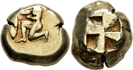 MYSIA. Kyzikos. Circa 500-450 BC. Stater (Electrum, 18 mm, 16.21 g). Nude male kneeling left, holding a tunny fish by the tail in his extended right h...