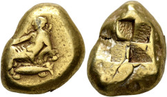 MYSIA. Kyzikos. Circa 450-330 BC. Stater (Electrum, 21 mm, 15.99 g). Dionysos reclining left on panther skin draped over rock, holding kantharos in hi...