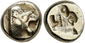 LESBOS. Mytilene. Circa 521-478 BC. Hekte (Electrum, 11 mm, 2.51 g, 8 h). Head of a roaring lion to right. Rev. Incuse head of a calf to right with re...