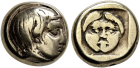 LESBOS. Mytilene. Circa 454-428/7 BC. Hekte (Electrum, 10 mm, 2.55 g, 6 h). Head of the hunter Aktaion to right, with stag’s horn on his forehead. Rev...