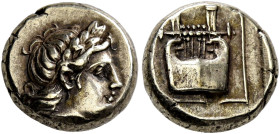 LESBOS. Mytilene. Circa 377-326 BC. Hekte (Electrum, 11 mm, 2.54 g, 12 h). Laureate head of Apollo to right. Rev. Kithara within linear square within ...