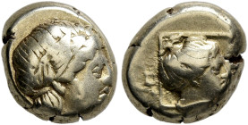 LESBOS. Mytilene. Circa 377-326 BC. Hekte (Electrum, 10 mm, 2.56 g, 12 h). Laureate head of Apollo to right. Rev. Head of a female to right within lin...
