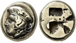 IONIA. Phokaia. Circa 478-387 BC. Hekte (Electrum, 10 mm, 2.51 g). Head of Hera to left, wearing kalathos decorated with palmettes; behind, small seal...