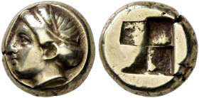 IONIA. Phokaia. Circa 478-387 BC. Hekte (Electrum, 10 mm, 2.55 g). Head of a female to left, her hair bound with band; below, [small seal to left]. Re...
