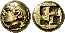 IONIA. Phokaia. Circa 387-326 BC. Hekte (Electrum, 10 mm, 2.51 g). Head of Aphrodite to left, her hair bound in sakkos; below, small seal to left. Rev...