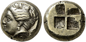 IONIA. Phokaia. Circa 387-326 BC. Hekte (Electrum, 10 mm, 2.48 g). Head of Artemis to left, her hair pulled up and tied in a knot at the top of her he...