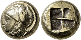 IONIA. Phokaia. Circa 387-326 BC. Hekte (Electrum, 10 mm, 2.52 g). Head of Athena to left, wearing crested Corinthian helmet decorated with a coiled s...