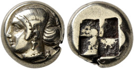 IONIA. Phokaia. Circa 387-326 BC. Hekte (Electrum, 10 mm, 2.52 g). Head of a female to left, her hair bound with a broad band, wearing single pendant ...