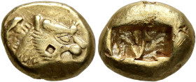KINGS OF LYDIA. Alyattes to Kroisos, circa 610-546 BC. Trite (Electrum, 14 mm, 4.68 g), Sardes. Head of a lion with sun and rays on its forehead to ri...