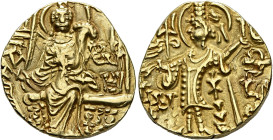 HUNNIC TRIBES, Kidarites. Kirada, circa 340-356. Dinar (Gold, 20 mm, 7.74 g, 12 h), Gandhara. Kirada standing front, head to left, sacrificing with hi...