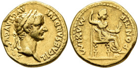 Tiberius, 14-37. Aureus (Gold, 19 mm, 7.56 g, 12 h), Lugdunum, group 4, circa 18-35. TI CAESAR DIVI AVG F AVGVSTVS Laureate head of Tiberius to right....