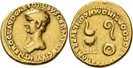 Nero, as Caesar, 50-54. Aureus (Gold, 20 mm, 7.70 g, 3 h), Rome, 51-54. NERO CLAVD CAES DRVSVS GERM PRINC IVVENT Bare-headed and draped bust of Nero t...