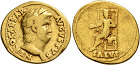 Nero, 54-68. Aureus (Gold, 20 mm, 7.15 g, 5 h), Rome, circa 66-67. NERO CAESAR AVGVSTVS Laureate head of Nero to right. Rev. SALVS Salus seated left o...