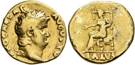 Nero, 54-68. Aureus (Gold, 18 mm, 6.80 g, 6 h), Rome, circa 66-67. [N]ERO CAESAR AVGVSTVS Laureate head of Nero to right. Rev. SALVS Salus seated left...