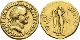 Vespasian, 69-79. Aureus (Gold, 19 mm, 7.24 g, 7 h), Lugdunum, 71. IMP CAES VESPASIAN AVG P M TR P P P COS III Laureate head of Vespasian to right. Re...