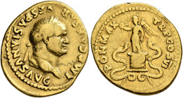 Vespasian, 69-79. Aureus (Gold, 21 mm, 7.26 g, 7 h), Rome, 75. IMP CAESAR VESPASIANVS AVG Laureate head of Vespasian to right. Rev. PON MAX TR P COS V...
