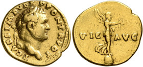 Titus, as Caesar, 69-79. Aureus (Gold, 20 mm, 7.14 g, 6 h), Rome, 72-73. T CAES IMP VESP PONT TR POT Laureate head of Titus to right. Rev. VIC - AVG V...