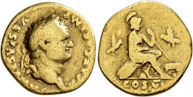 Titus, as Caesar, 69-79. Aureus (Gold, 18 mm, 6.82 g, 7 h), Rome, 77-78. T CAESAR IMP VESPASIANVS Laureate head of Titus to right. Rev. COS VI Roma se...