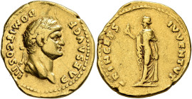 Domitian, as Caesar, 69-81. Aureus (Gold, 21 mm, 7.13 g, 6 h), Rome, 75. CAES AVG F DOMIT COS III Laureate head of Domitian to right. Rev. PRINCEPS IV...