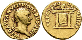 Domitian, 81-96. Aureus (Gold, 18 mm, 6.41 g, 6 h), Rome, 81. IMP CAES DOMITIANVS AVG P M Laureate head of Domitian to right. Rev. TR P COS VII DES VI...