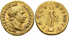 Trajan, 98-117. Aureus (Gold, 19 mm, 6.94 g, 7 h), Rome, 101-102. IMP CAES NERVA TRAIAN AVG GERM Laureate head of Trajan to right, with aegis on his l...