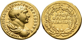 Trajan, 98-117. Aureus (Gold, 19 mm, 7.32 g, 6 h), Rome, circa 107. IMP TRAIANO AVG GER DAC P M TR P COS V P P Laureate, draped and cuirassed bust of ...