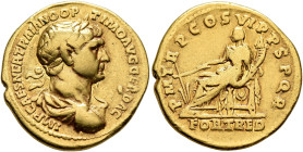 Trajan, 98-117. Aureus (Gold, 20 mm, 7.05 g, 6 h), Rome, winter 114-early 116. IMP CAES NER TRAIANO OPTIMO AVG GER DAC Laureate, draped and cuirassed ...