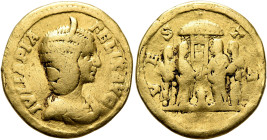 Julia Domna, Augusta, 193-217. Aureus (Gold, 20 mm, 6.93 g, 12 h), Rome, 214-215. IVLIA PIA FELIX AVG Draped bust of Julia Domna to right, wearing ste...