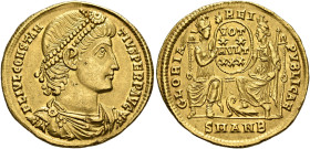Constantius II, 337-361. Solidus (Gold, 21 mm, 4.39 g, 12 h), Antiochia, 347-355. FL IVL CONSTAN-TIVS PERP AVG Pearl-diademed, draped and cuirassed bu...