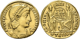 Constantius II, 337-361. Solidus (Gold, 21 mm, 4.06 g, 6 h), Thessalonica, 355-360. D N CONSTANTIVS MAX AVGVSTVS Pearl-diademed, draped and cuirassed ...