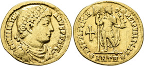 Valentinian I, 364-375. Solidus (Gold, 20 mm, 3.77 g, 6 h), Antiochia, 364. D N VALENTINI-ANVS P F AVG Rosette-diademed, draped and cuirassed bust of ...