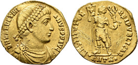 Valentinian I, 364-375. Solidus (Gold, 20 mm, 3.85 g, 5 h), Antiochia, 366-367. D N VALENTINI-ANVS P F AVG Pearl-diademed, draped and cuirassed bust o...