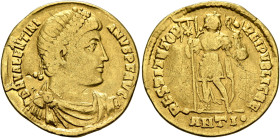 Valentinian I, 364-375. Solidus (Gold, 20 mm, 3.96 g, 6 h), Antiochia, 366-367. D N VALENTINI-ANVS P F AVG Pearl-diademed, draped and cuirassed bust o...