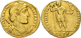 Valentinian I, 364-375. Solidus (Gold, 20 mm, 3.87 g, 12 h), Antiochia, 367. D N VALENTINI-ANVS P F AVG Pearl-diademed, draped and cuirassed bust of V...