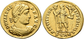 Valens, 364-378. Solidus (Gold, 21 mm, 4.37 g, 6 h), Nicomedia, 364. D N VALENS P F AVG Pearl-diademed, draped and cuirassed bust of Valens to right. ...