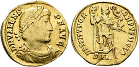 Valens, 364-378. Solidus (Gold, 20 mm, 3.89 g, 6 h), Nicomedia, 364. D N VALENS P F AVG Pearl-diademed, draped and cuirassed bust of Valens to right. ...