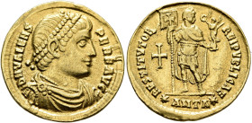 Valens, 364-378. Solidus (Gold, 21 mm, 4.06 g, 6 h), Antiochia, 364. D N VALENS PER F AVG Pearl-diademed, draped and cuirassed bust of Valens to right...