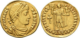 Valens, 364-378. Solidus (Gold, 19 mm, 3.88 g, 6 h), Antiochia, 364. D N VALENS PER F AVG Pearl-diademed, draped and cuirassed bust of Valens to right...