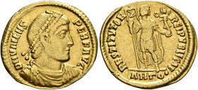 Valens, 364-378. Solidus (Gold, 21 mm, 4.28 g, 6 h), Antiochia, 366-367. D N VALENS PER F AVG Pearl-diademed, draped and cuirassed bust of Valens to r...
