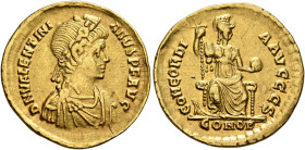 Valentinian II, 375-392. Solidus (Gold, 21 mm, 4.40 g, 6 h), Constantinopolis, 388-392. D N VALENTINI-ANVS P F AVG Rosette-diademed, draped and cuiras...