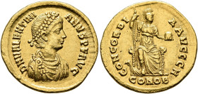 Valentinian II, 375-392. Solidus (Gold, 21 mm, 4.45 g, 6 h), Constantinopolis, 388-392. D N VALENTINI-ANVS P F AVG Pearl-diademed, draped and cuirasse...