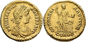 Valentinian II, 375-392. Solidus (Gold, 21 mm, 4.50 g, 12 h), Constantinopolis, 388-392. D N VALENTINI-ANVS P F AVG Pearl-diademed, draped and cuirass...