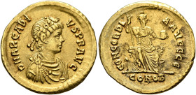 Arcadius, 383-408. Solidus (Gold, 20 mm, 4.47 g, 6 h), Constantinopolis, 383. D N ARCADI-VS P F AVG Rosette-diademed, draped and cuirassed bust of Arc...